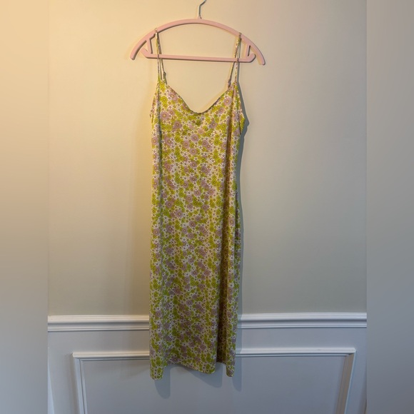 Zara Satin Effect Green & Purple Floral Spaghetti Strap Midi Dress Size L - Picture 2 of 8